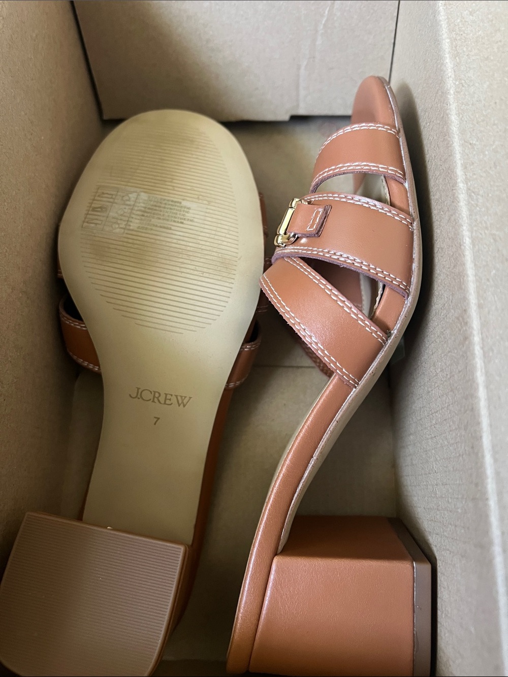 J.Crew NIB Cognac Leather Block Heel Mule Sandals Gold Horsebit Women’s Size 7 - Picture 11 of 11